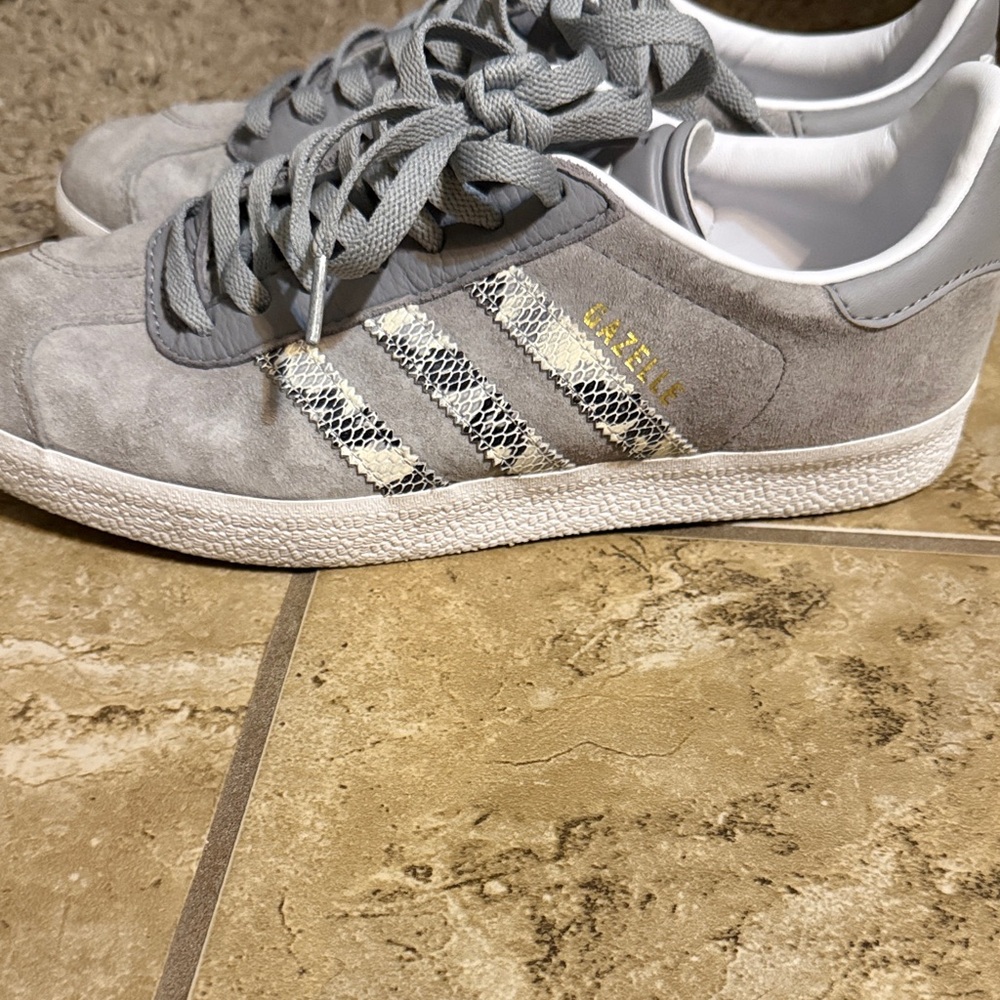 Adidas Gray Gazelle Sneakers with Snake Skin Stripes and Gold Accents